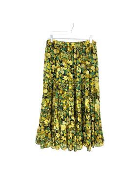 Preswick & Moore Midi Skirt Womens Sz L A-Line Tiered Yellow Floral Print Boho
